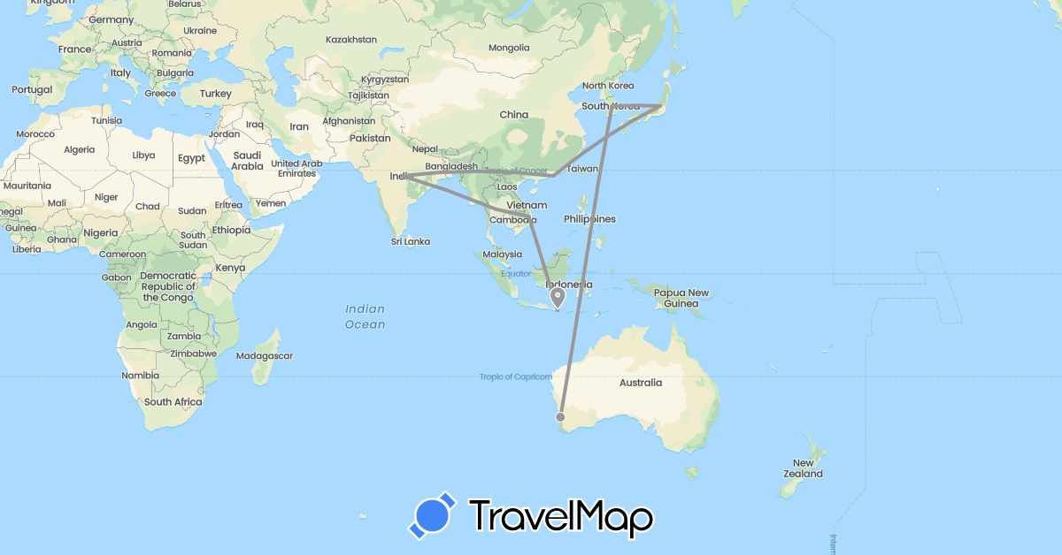 TravelMap itinerary: driving, plane in Australia, China, Indonesia, India, Japan, South Korea, Thailand, Vietnam (Asia, Oceania)
